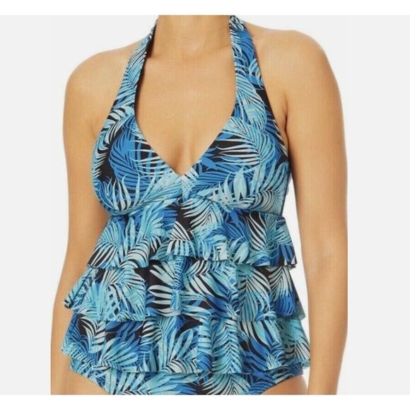 Women's Palm Printed Halter Peplum Ruffle Tankini Swim Top Swimsuit Bathing Suit - Picture 1 of 2